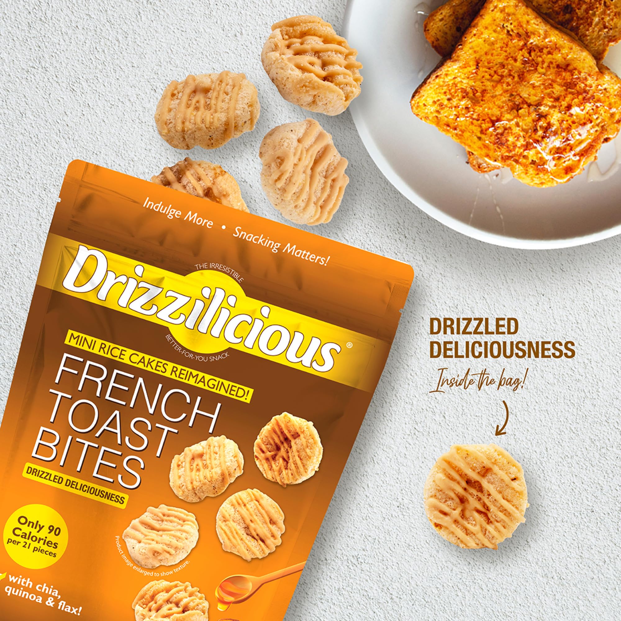 Drizzilicious Mini French Toast bag in hand, showcasing portable packaging for daily snacking.