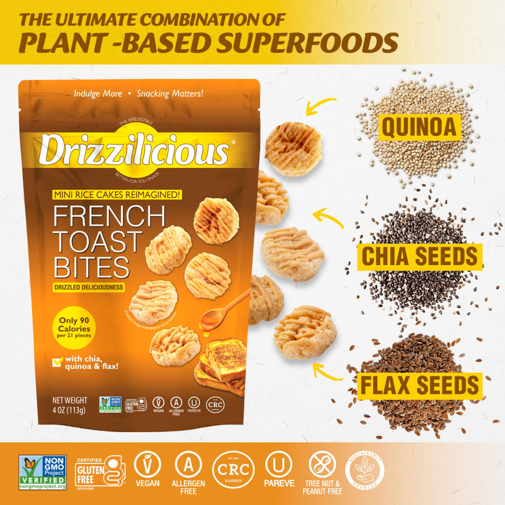 Drizzilicious mini French Toast rice cakes show quinoa, chia and flaxseed for wholesome crunch.