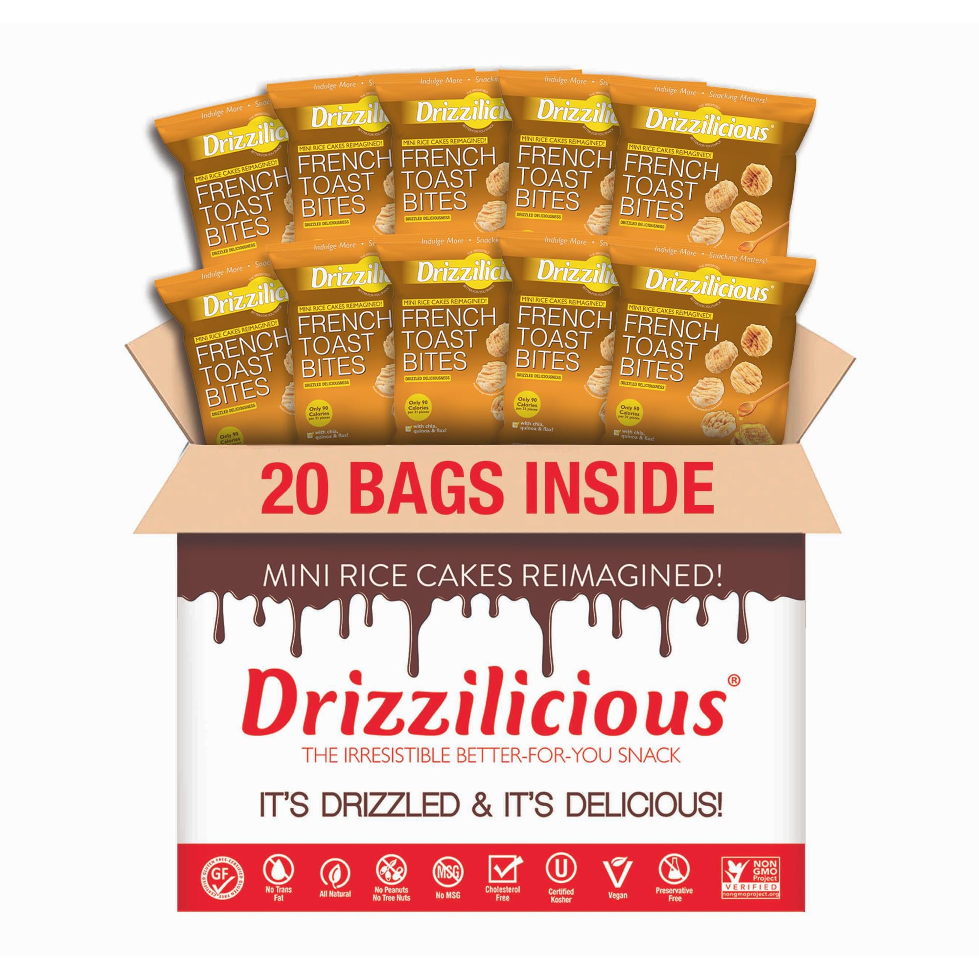 Drizzilicious Mini French Toast rice cakes in a pack close-up showing crisp texture and drizzle, ideal for on-the-go snacking.