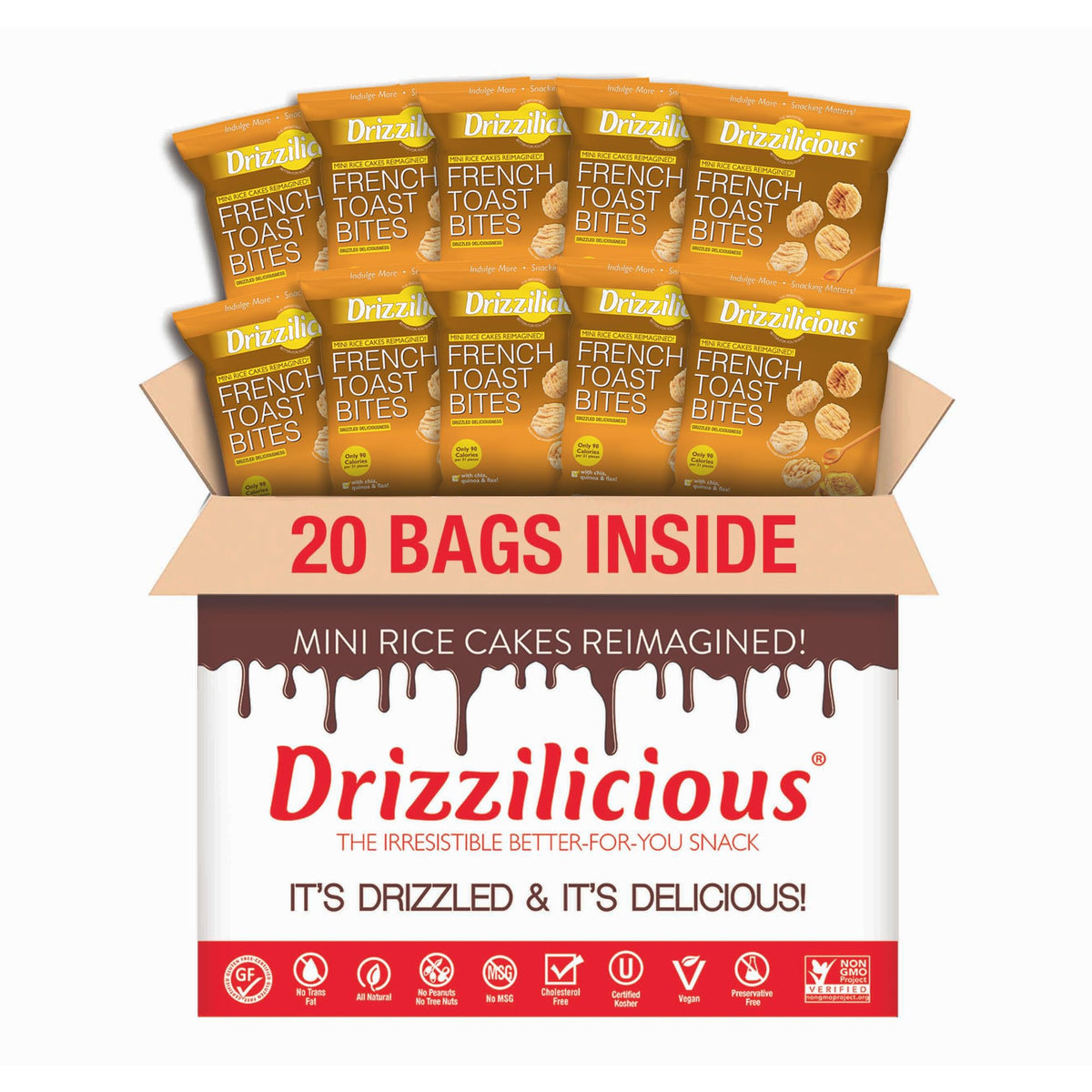 Drizzilicious Mini French Toast rice cakes in a pack close-up showing crisp texture and drizzle, ideal for on-the-go snacking.