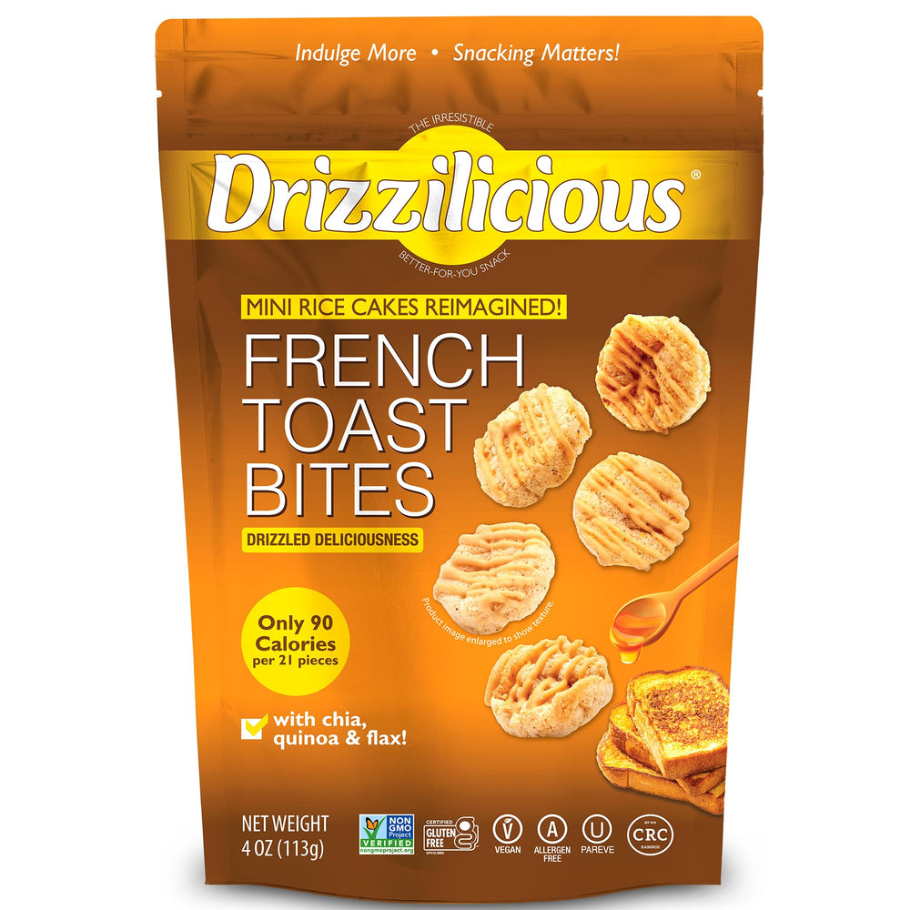 Drizzilicious Mini French Toast rice cakes package front—gluten-free and plant-based snack.