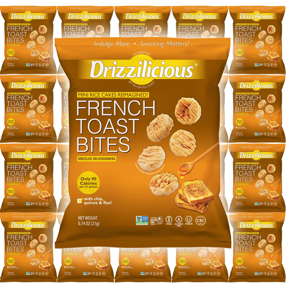 Drizzilicious Mini French Toast rice cakes ready to snack on the go, convenient and portable.