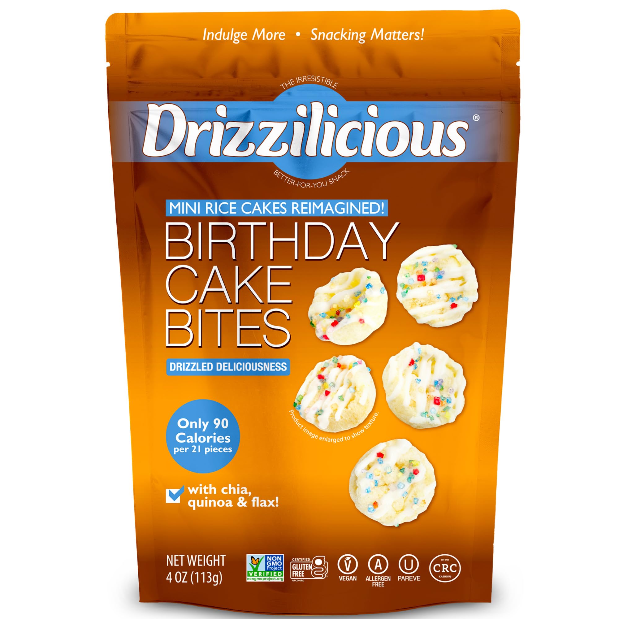 Drizzilicious mini rice cakes Birthday Cake pack for on-the-go snacking.