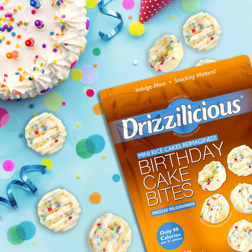 Drizzilicious mini rice cakes gluten-free vegan allergen-free packaging close-up.