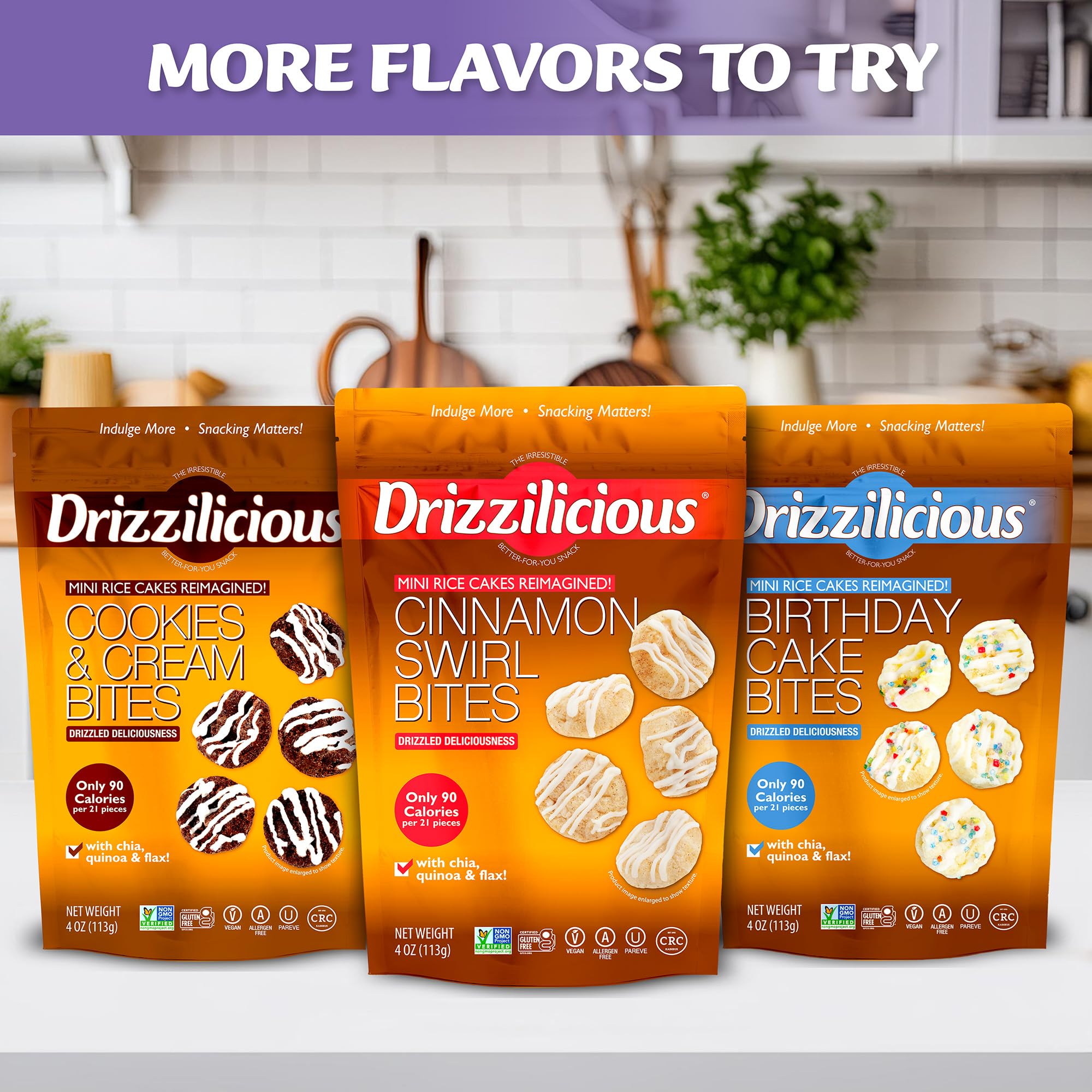 Drizzilicious mini rice cakes offer a plant-based, allergen-free snack option today
