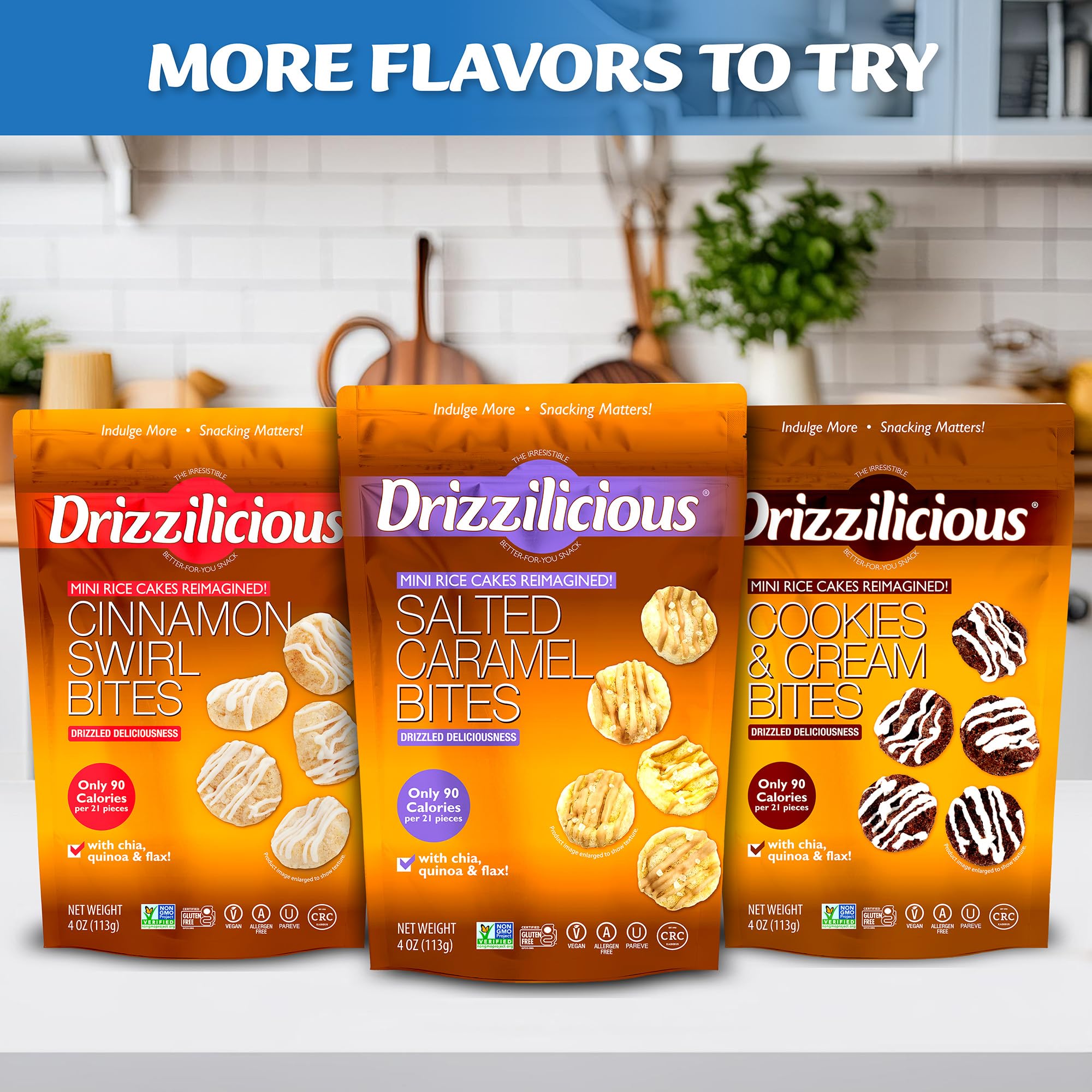 Drizzilicious mini rice cakes nutrition and ingredients label.