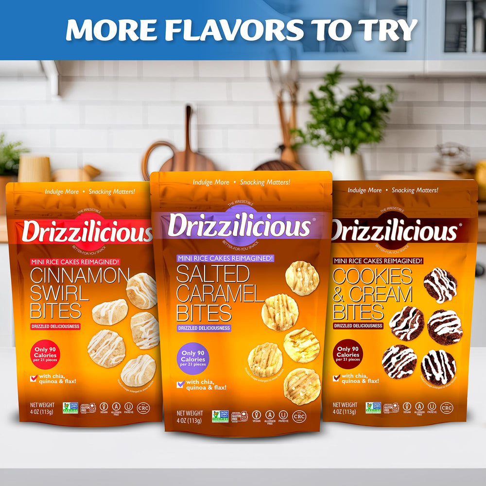 Drizzilicious mini rice cakes nutrition and ingredients label.