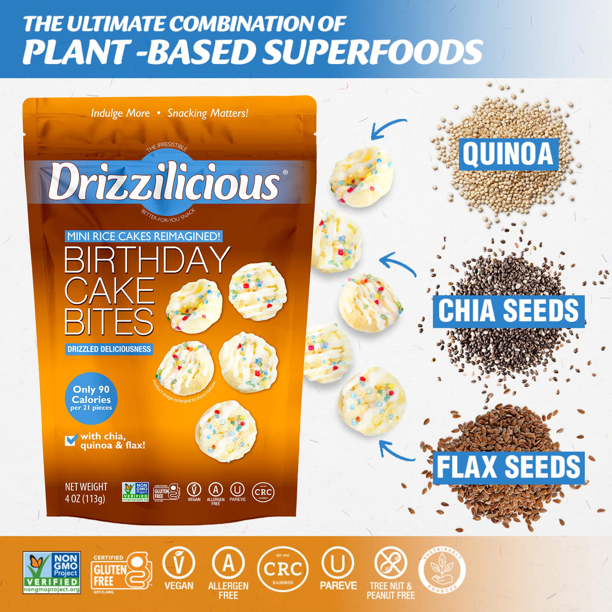 Drizzilicious mini rice cakes plant-based ingredients display wholesome texture.