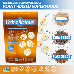 Drizzilicious mini rice cakes plant-based ingredients display wholesome texture.