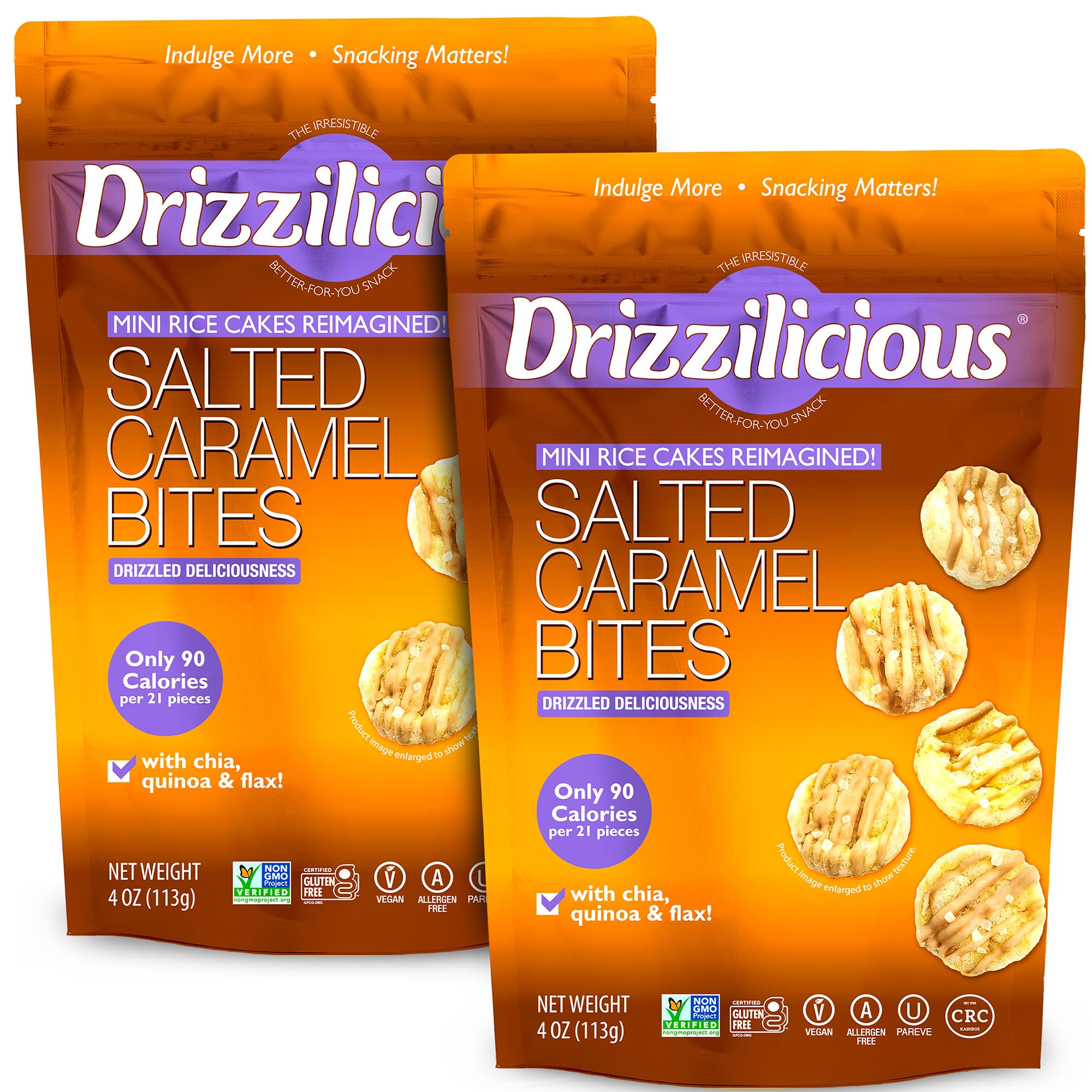 Drizzilicious Salted Caramel mini rice cakes in two-pack for on-the-go snacking