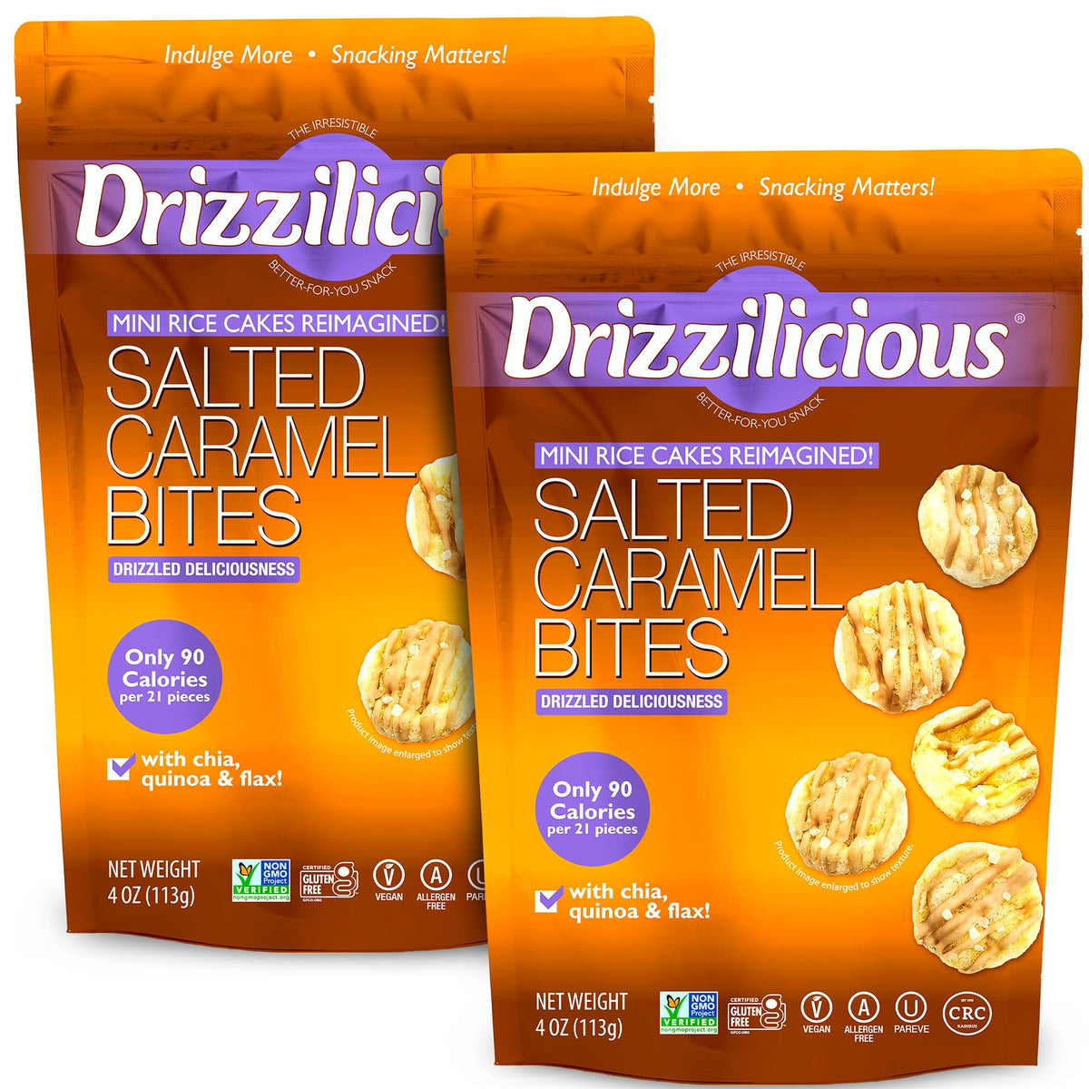 Drizzilicious Salted Caramel mini rice cakes in two-pack for on-the-go snacking
