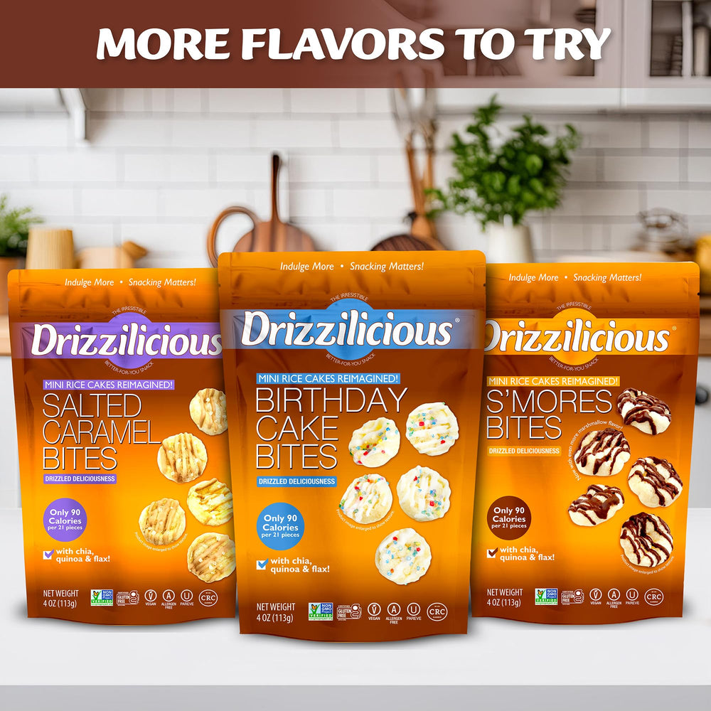 Drizzilicious mini rice cakes variety flavors display with Cookies & Cream