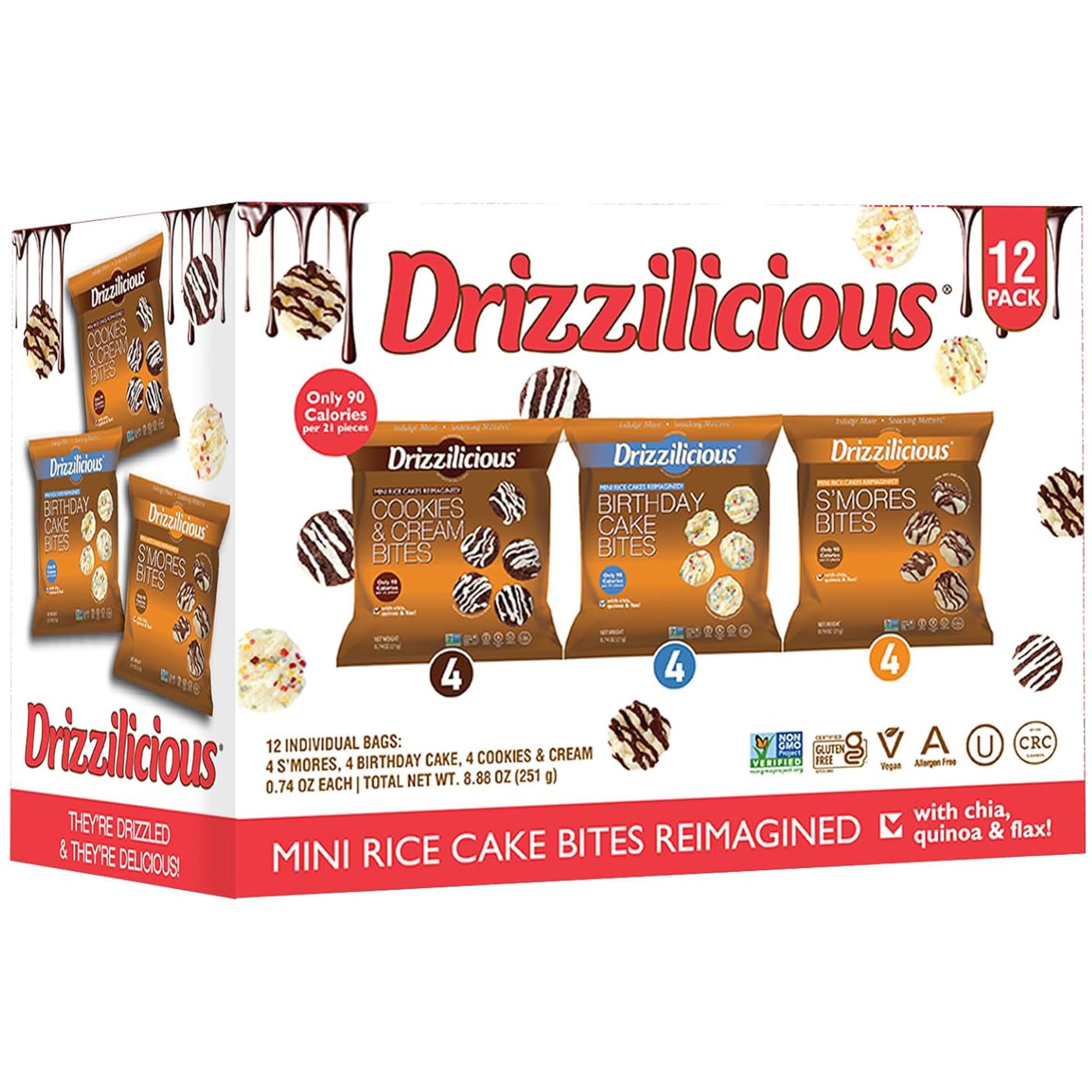 Drizzilicious mini rice cakes variety pack front, on-the-go gluten-free snack