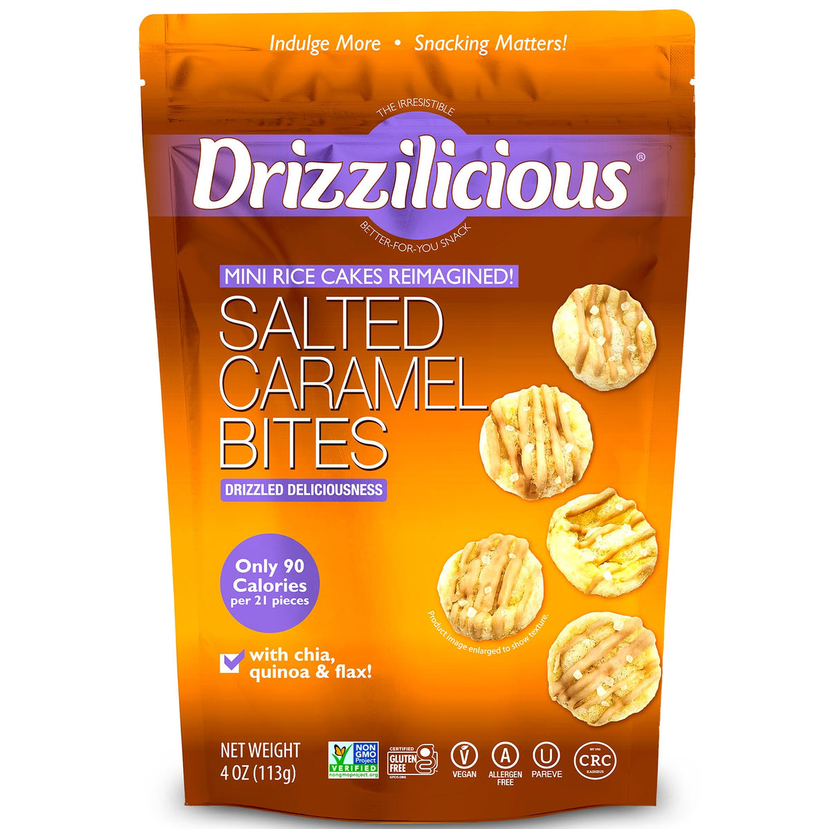Drizzilicious Mini Salted Caramel Rice Cakes in bag, crunchy vegan snack for anytime