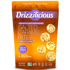 Drizzilicious Mini Salted Caramel Rice Cakes in bag, crunchy vegan snack for anytime
