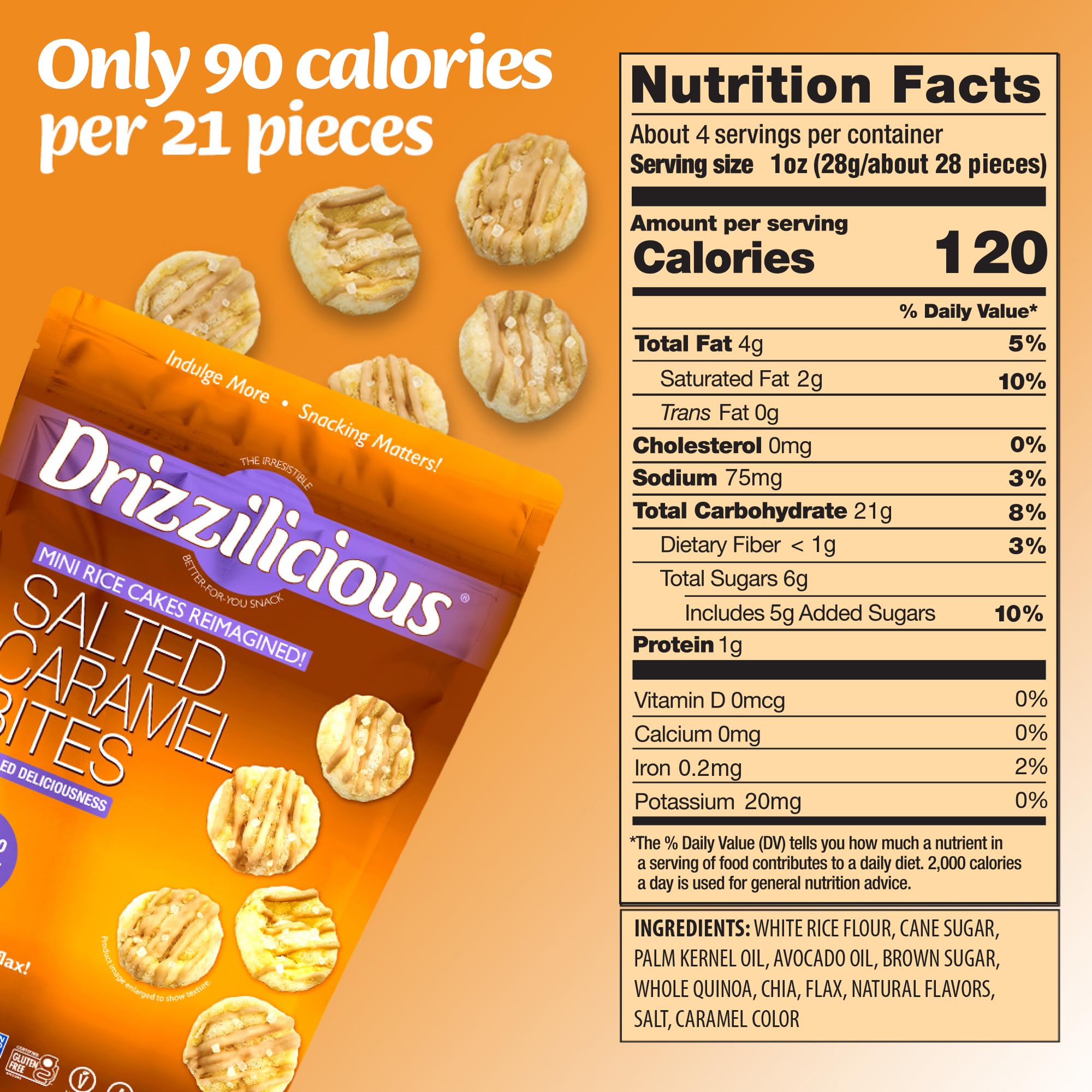 Close-up of caramel drizzle on Drizzilicious mini cakes, silky sweetness with gluten-free appeal