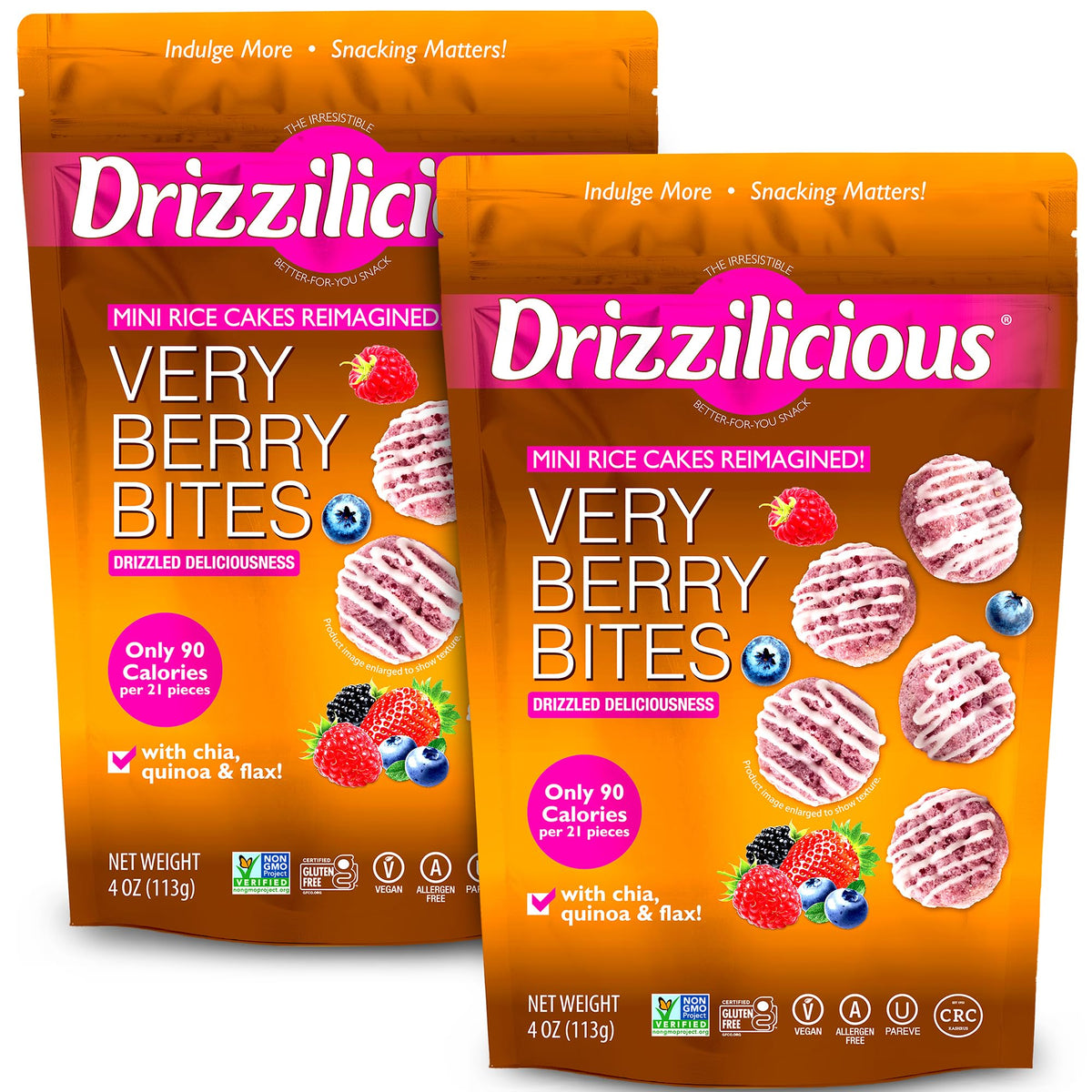 Drizzilicious mini Very Berry rice cakes in a crisp bite for on-the-go snacking.