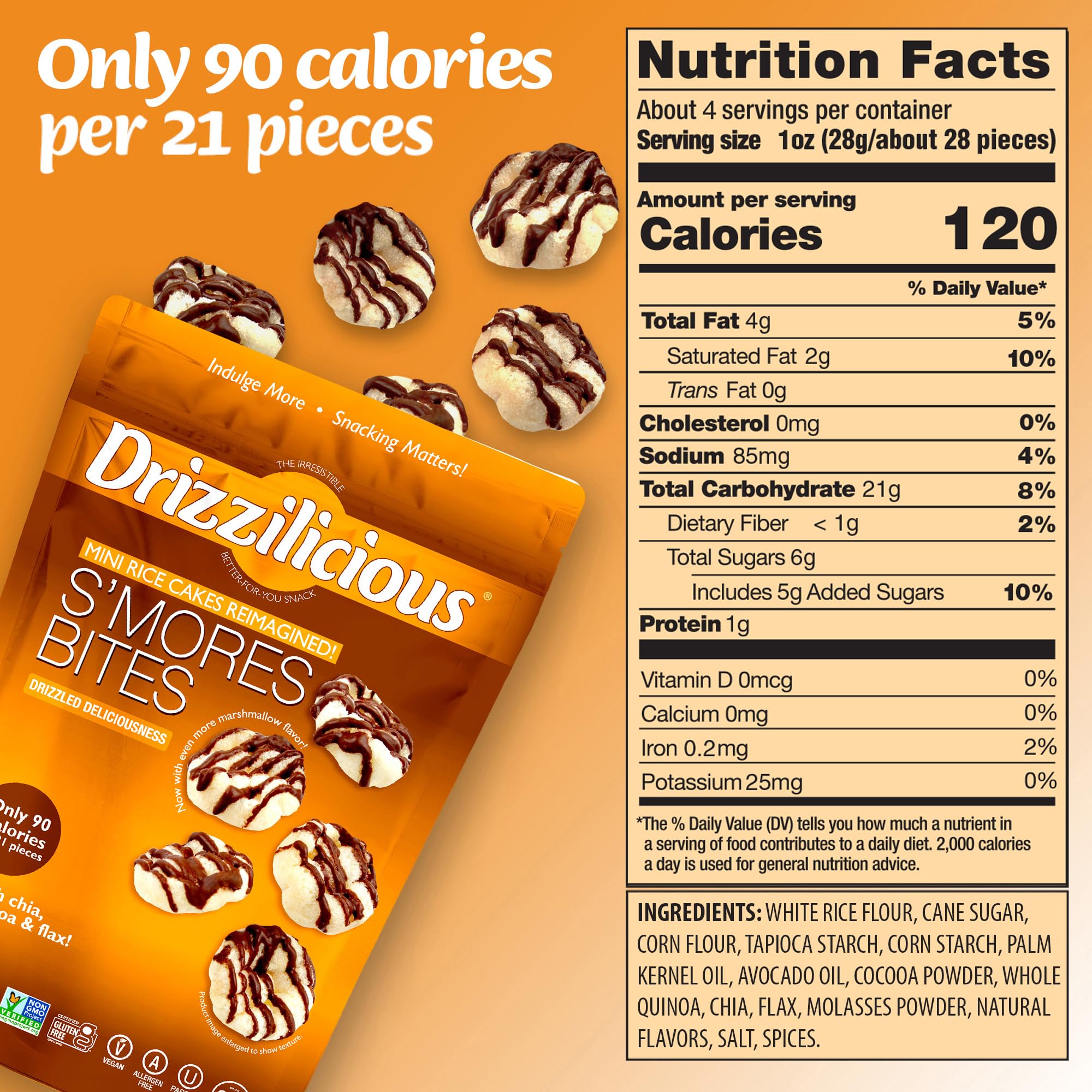 Drizzilicious S'mores rice cakes bite-size snack ideal for on-the-go treats.