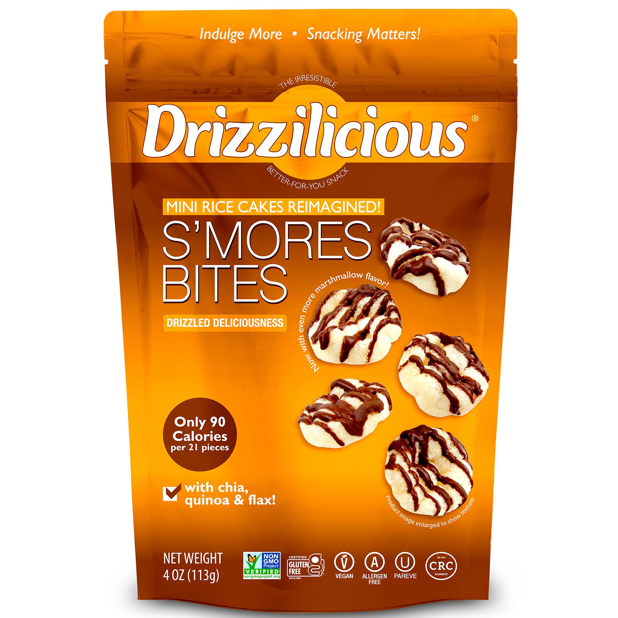 Drizzilicious S'mores rice cakes close-up with caramel drizzle for rich flavor.