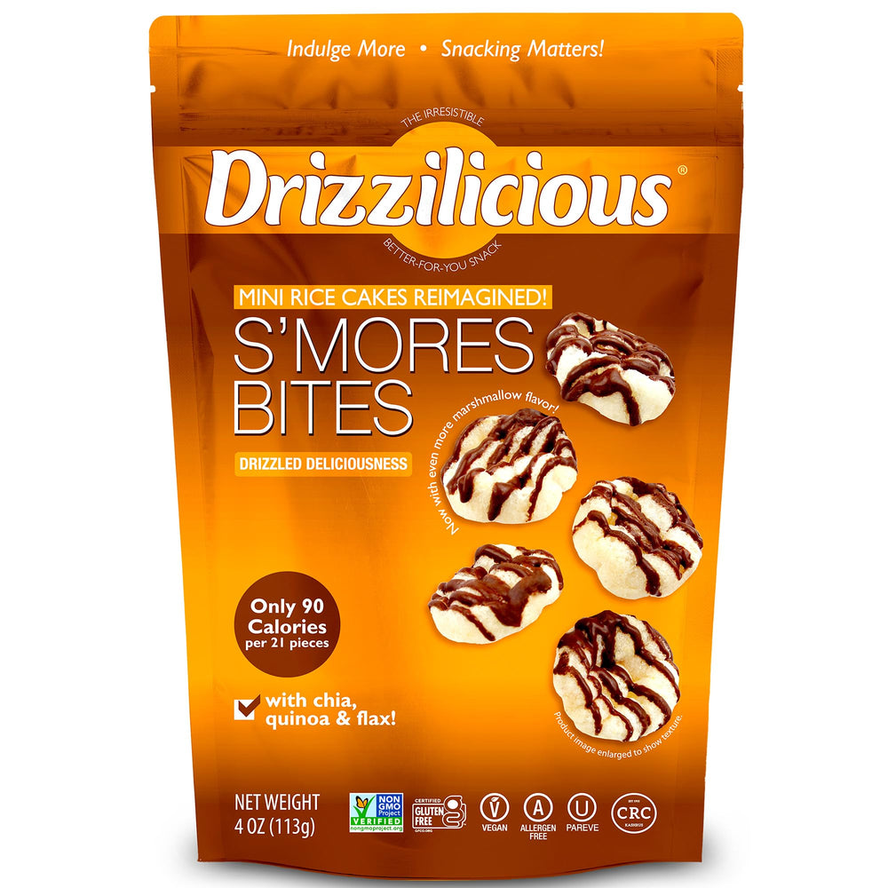 Drizzilicious S'mores rice cakes close-up with caramel drizzle for rich flavor.