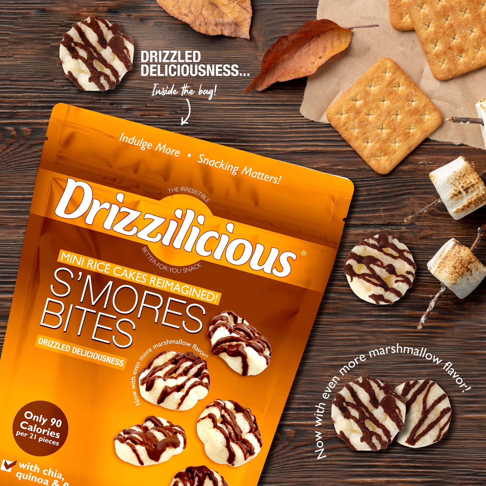 Drizzilicious shows quinoa and chia ingredients for plant-based snacking.