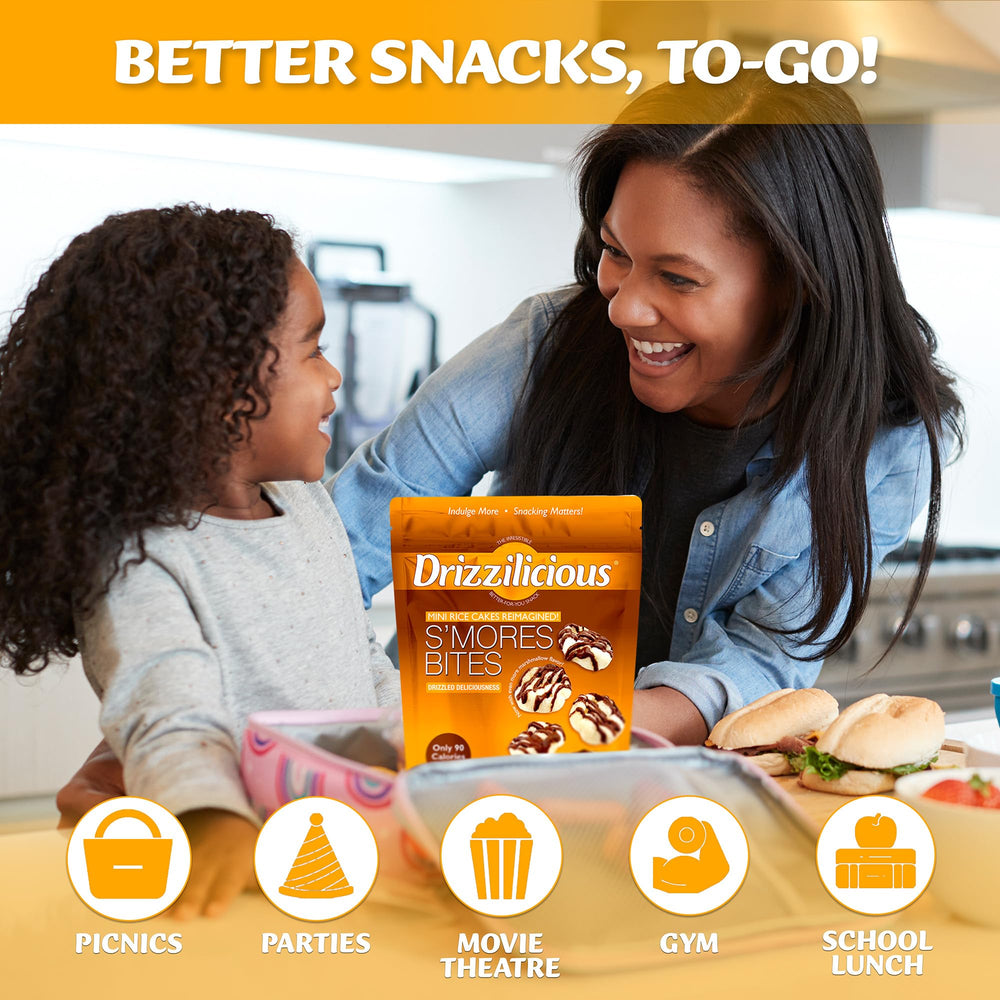 Drizzilicious mini rice cakes are vegan and gluten-free for inclusive snacking.