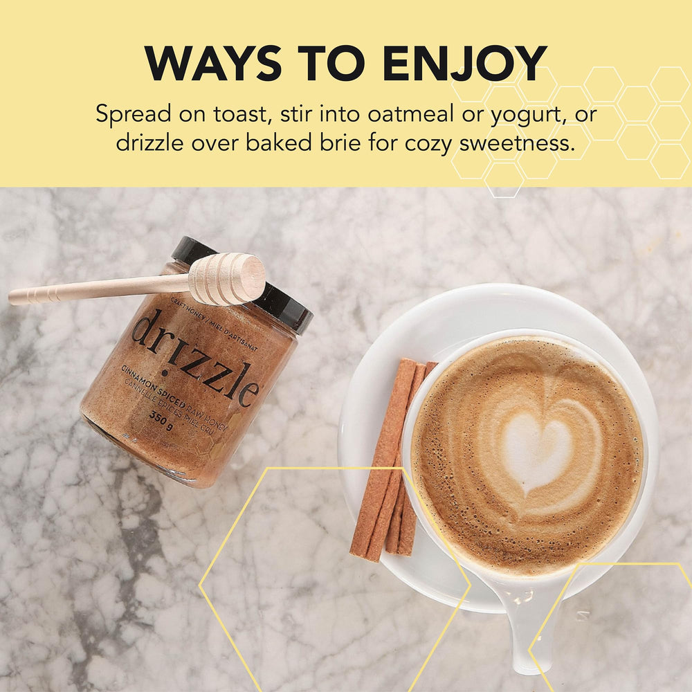 DRIZZLE Cinnamon Spiced Raw Honey tea pour for warm drinks