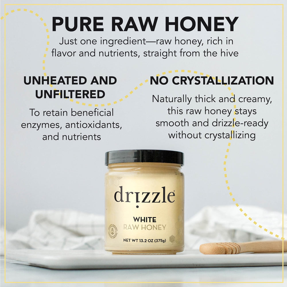 Pouring Drizzle White Raw Honey demonstrates a silky, drizzle-friendly flow