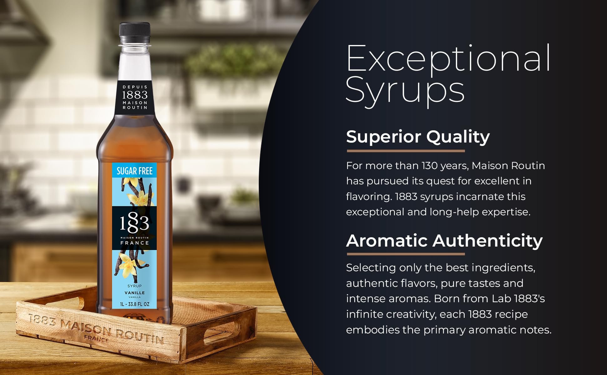 Drizzled vanilla syrup on dessert enhances sweetness from 1883 MAISON ROUTIN.