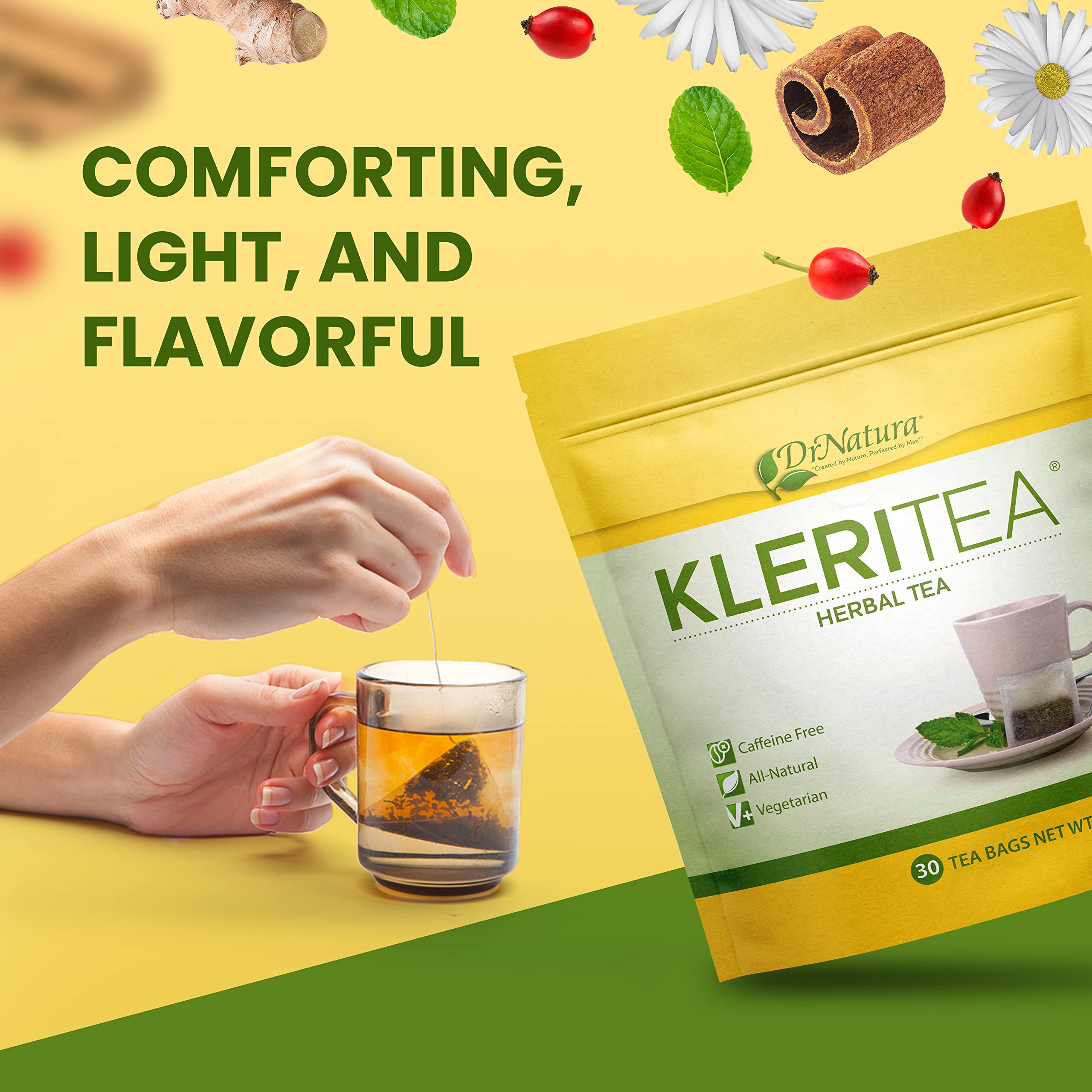 DrNatura KleriTea ingredients display senna, fennel, licorice for flavor