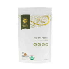 Druids Grove soy milk powder packaging highlights non-GMO and kosher status
