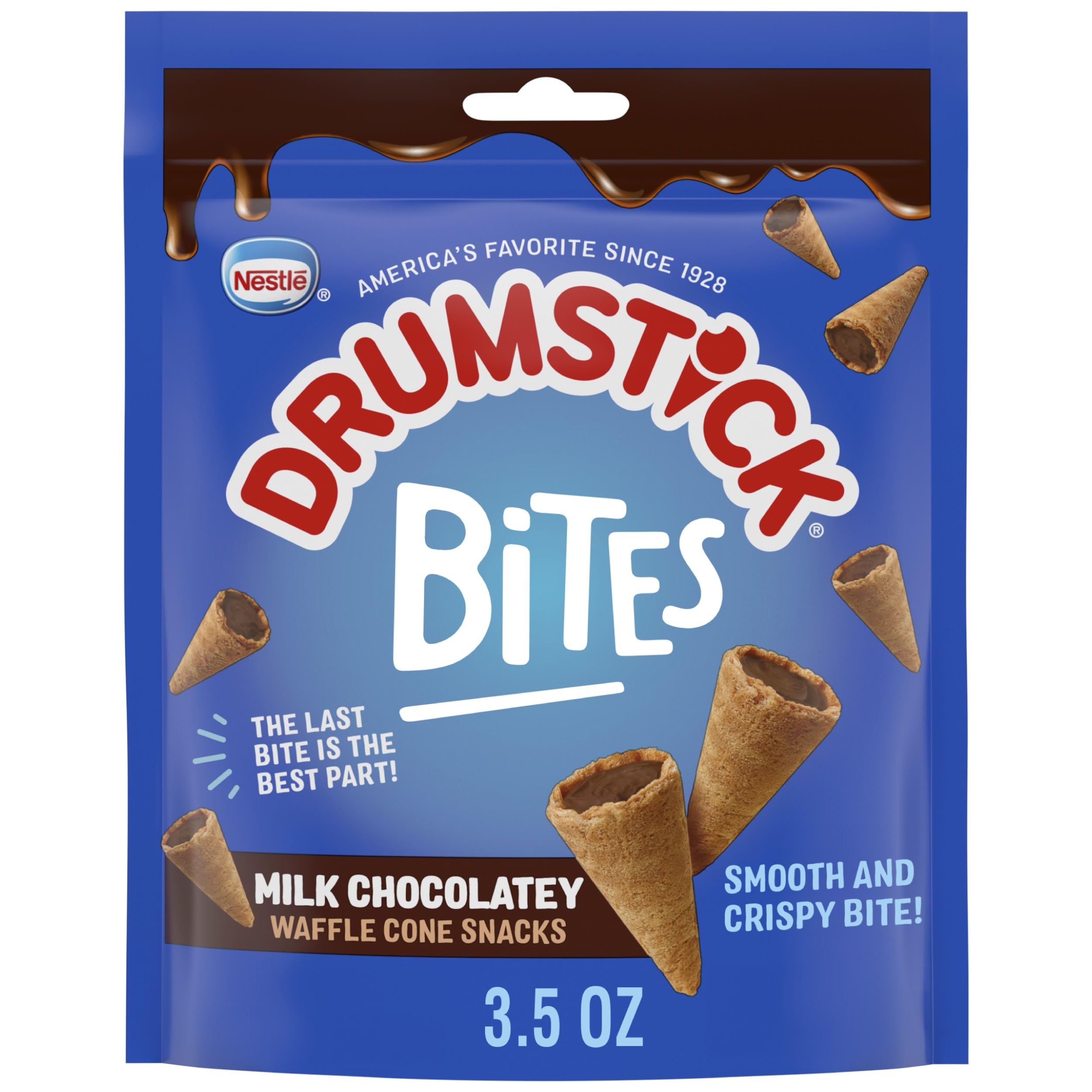 Drumstick Bites milk chocolatey waffle cone snacks package front for pantry-friendly indulgence