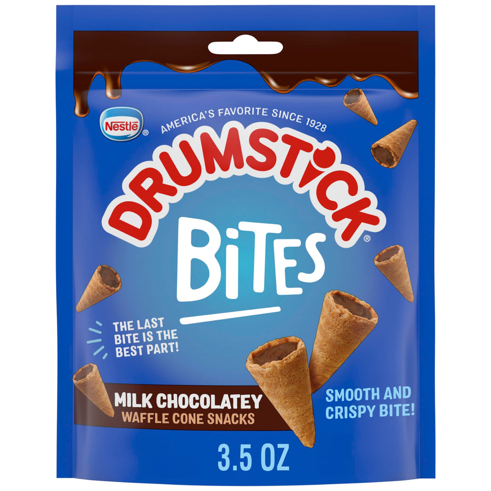 Drumstick Bites milk chocolatey waffle cone snacks package front for pantry-friendly indulgence