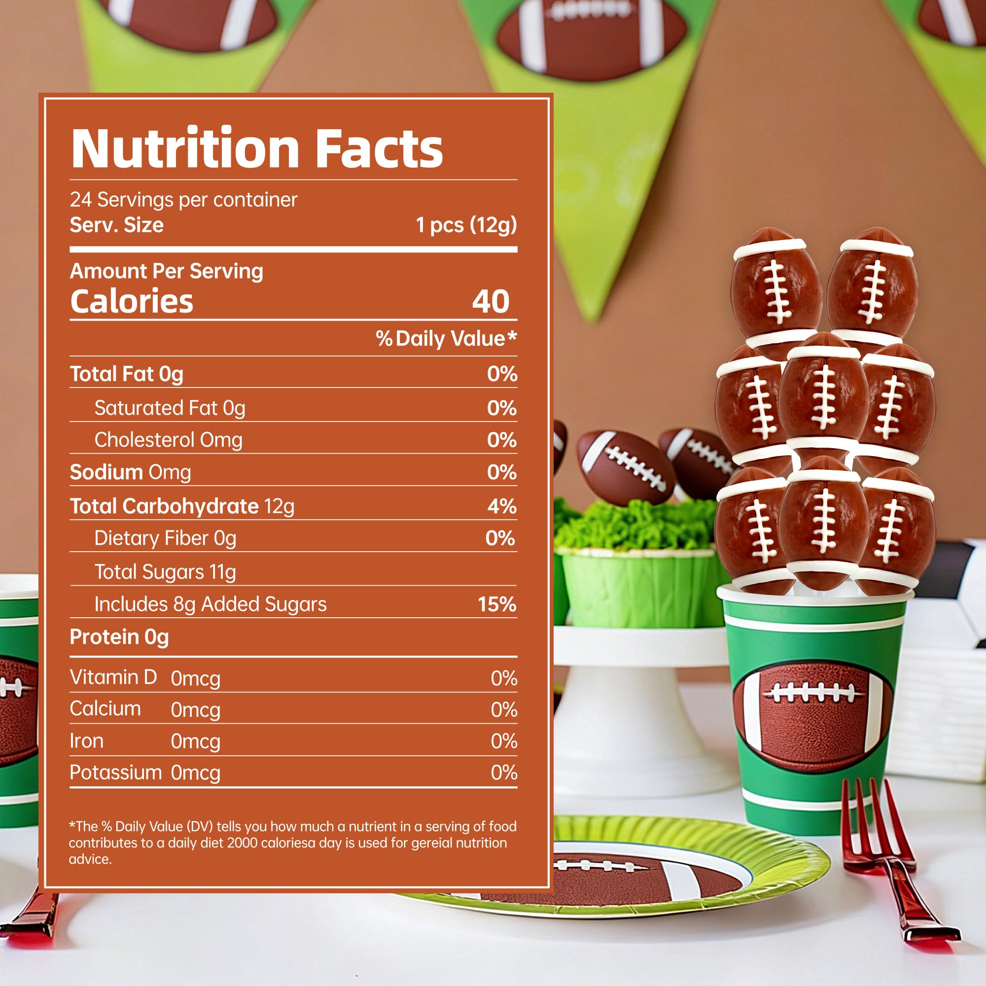 Duannick football lollipops arranged as party favors at an event.