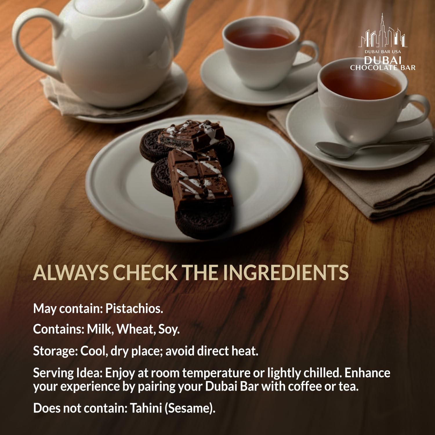 Slice of Dubai Choco Cookies & Cream bar on a plate, premium indulgence for dessert lovers.