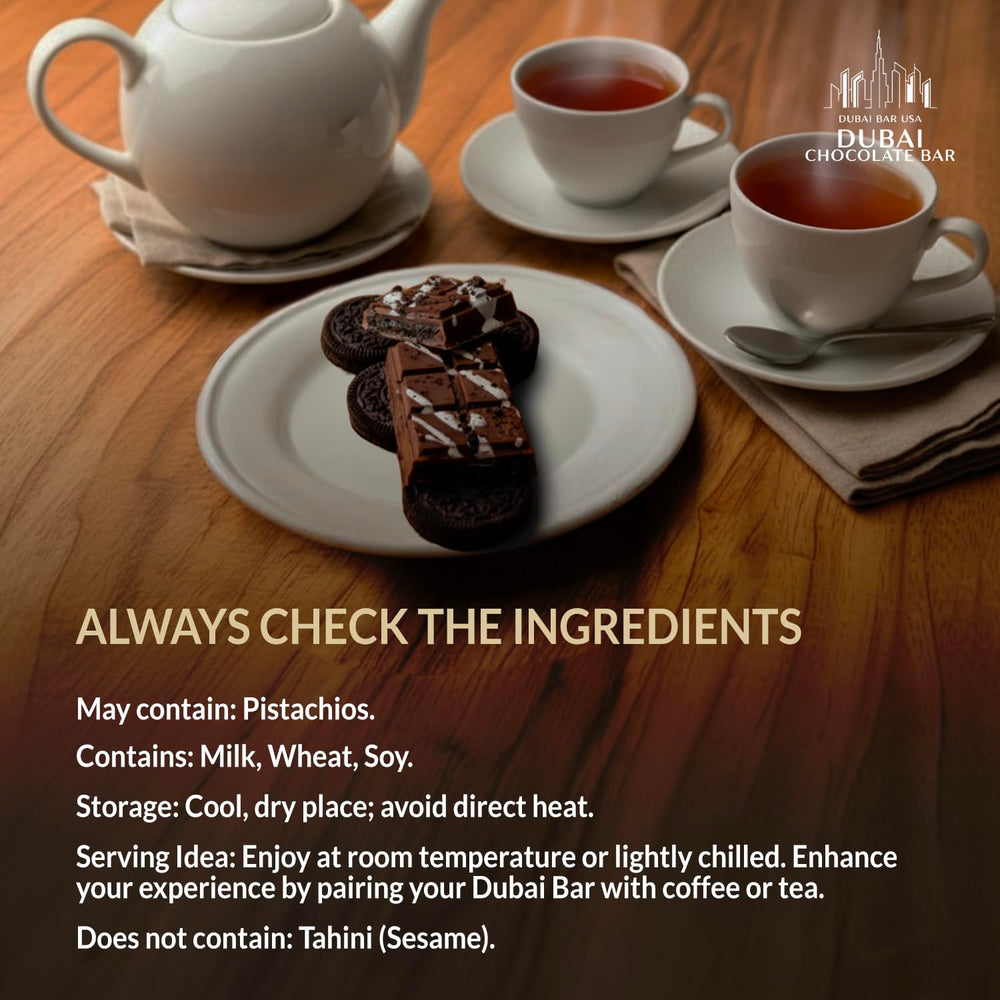 Slice of Dubai Choco Cookies & Cream bar on a plate, premium indulgence for dessert lovers.