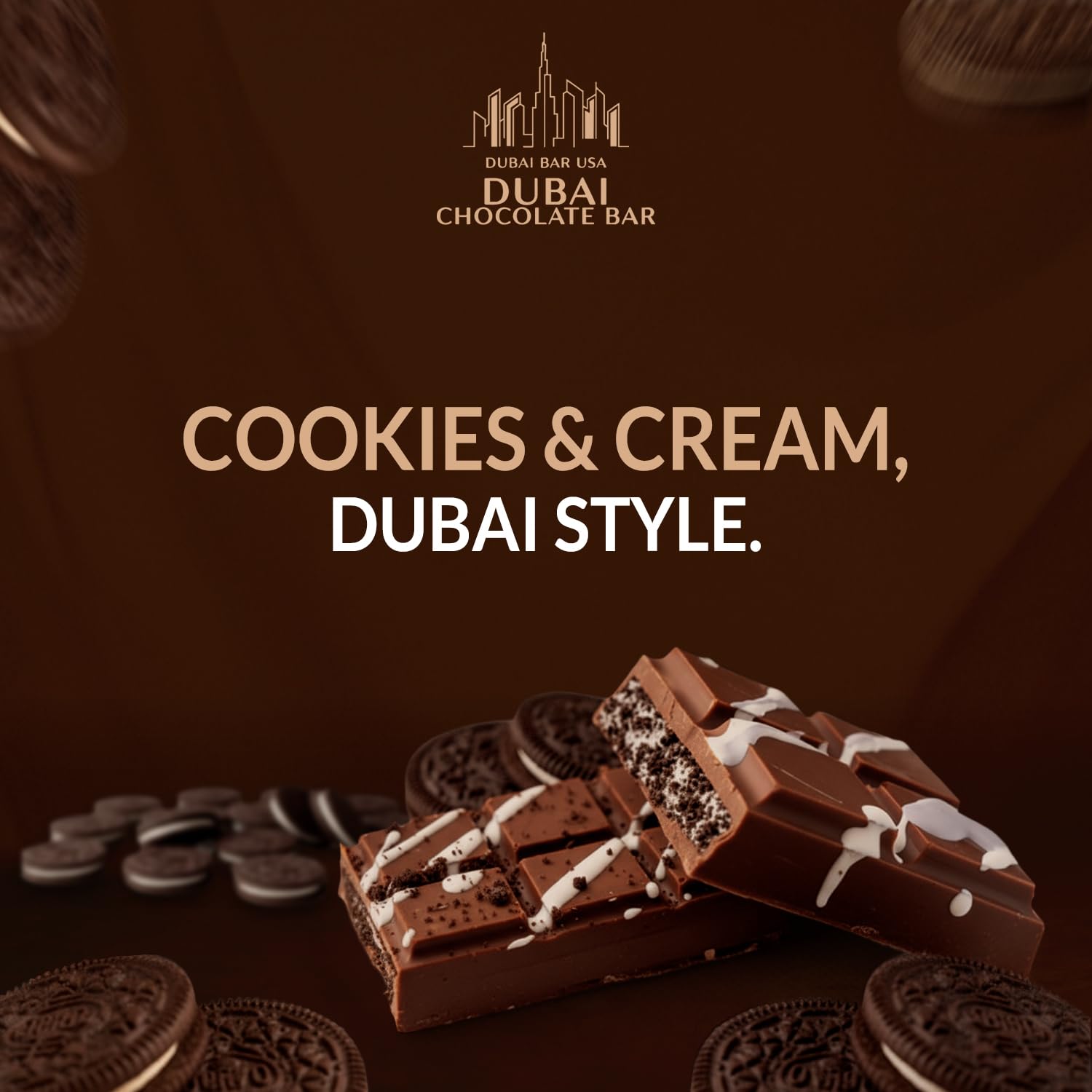 Dubai Choco Cookies & Cream bar with kataifi crunch, a premium treat for celebrations.