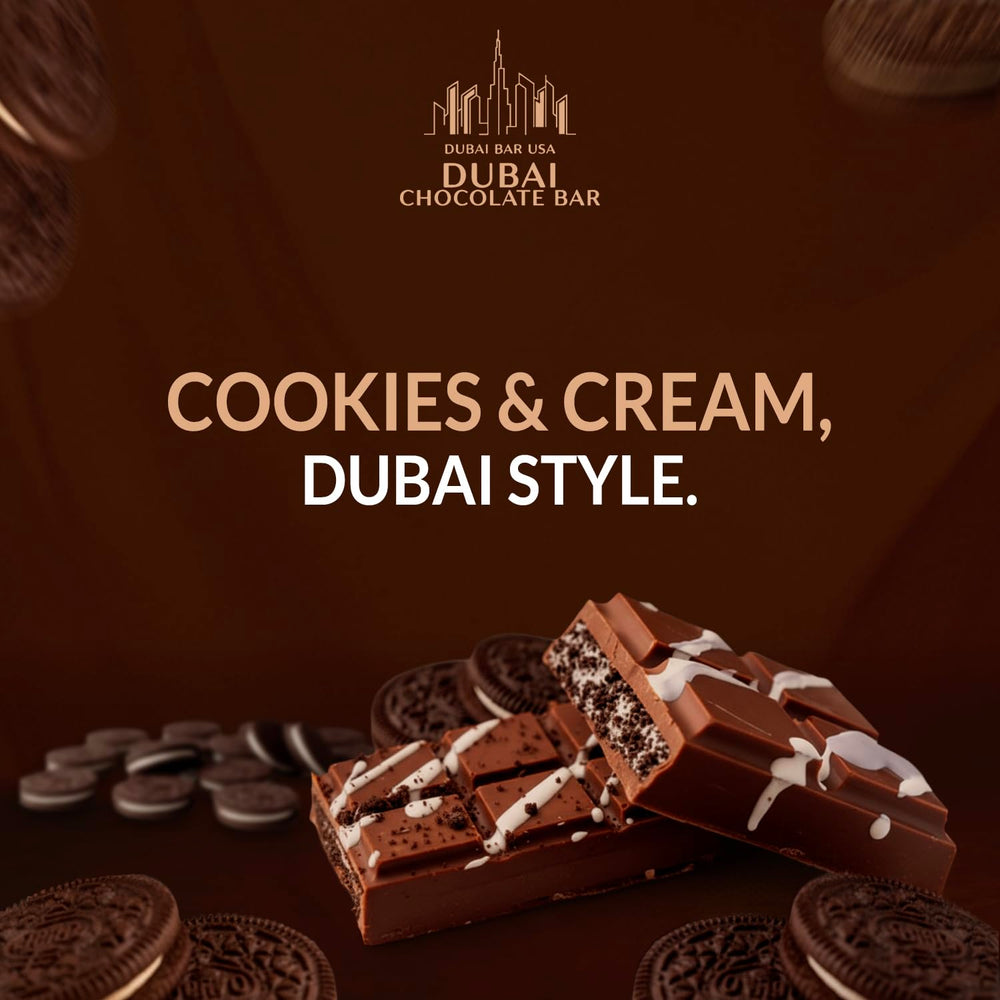 Dubai Choco Cookies & Cream bar with kataifi crunch, a premium treat for celebrations.