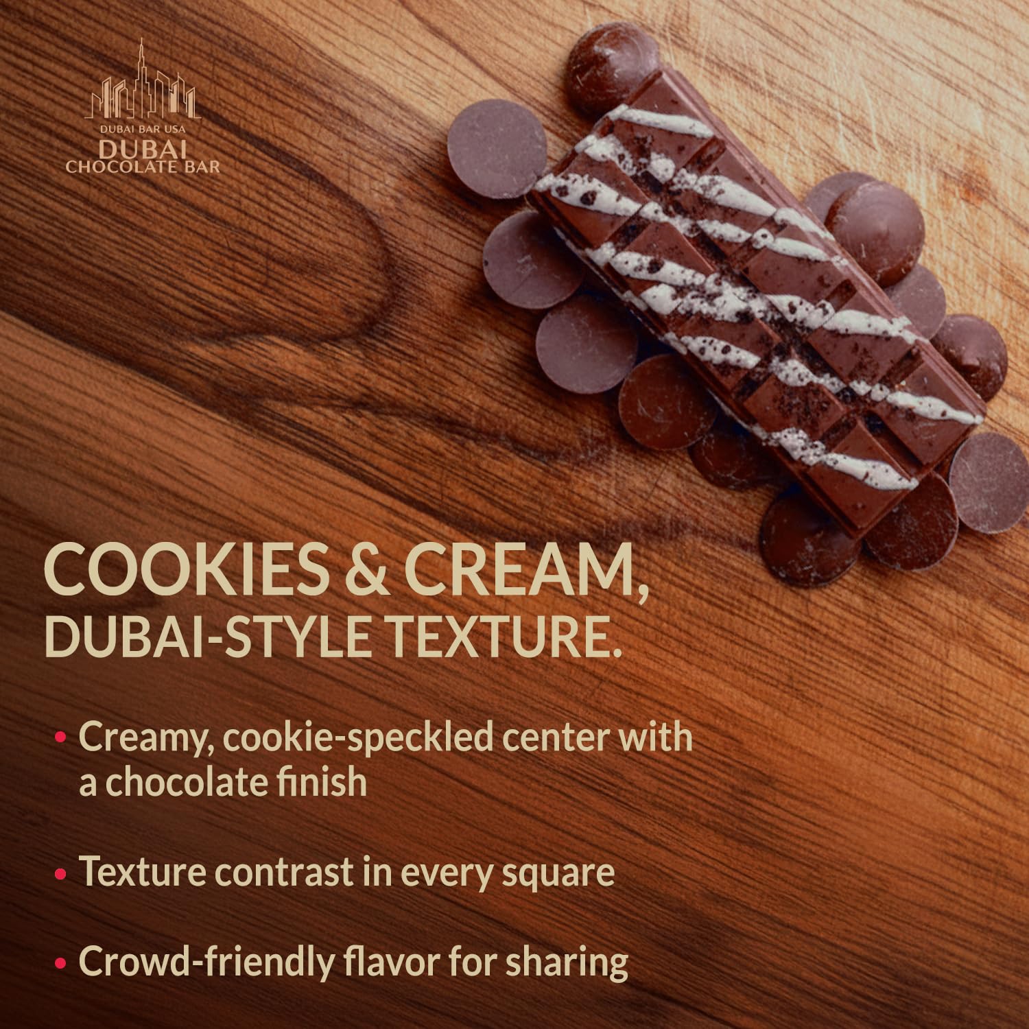 Packaging shot of Dubai Choco Cookies & Cream bar, ideal gift for chocolate lovers.