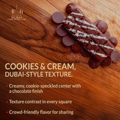 Packaging shot of Dubai Choco Cookies & Cream bar, ideal gift for chocolate lovers.