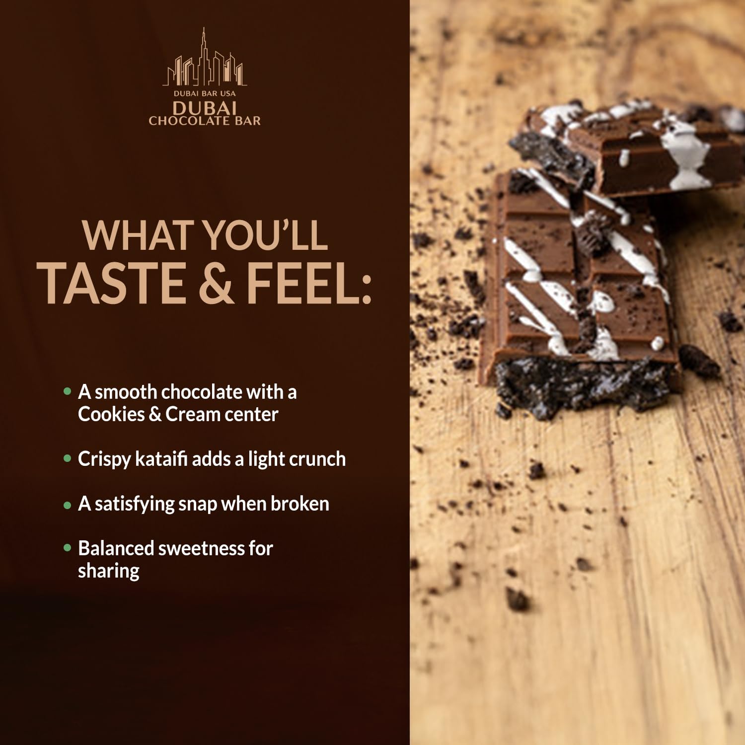 Cross-section of Dubai Choco Cookies & Cream bar showing creamy center and kataifi crunch, great for gifting.