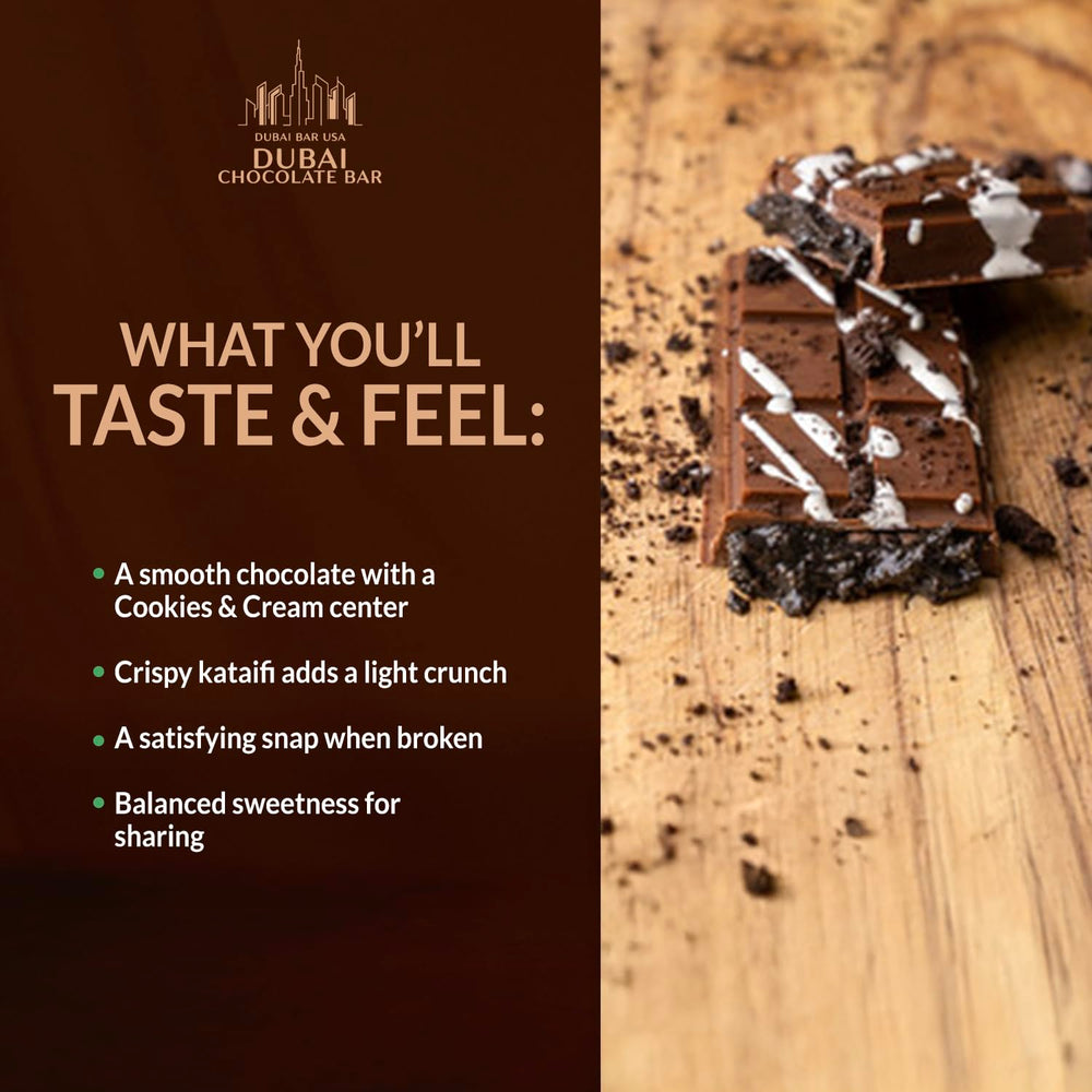 Cross-section of Dubai Choco Cookies & Cream bar showing creamy center and kataifi crunch, great for gifting.