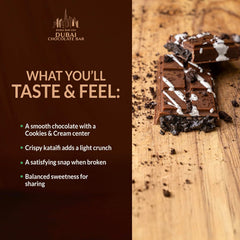 Cross-section of Dubai Choco Cookies & Cream bar showing creamy center and kataifi crunch, great for gifting.