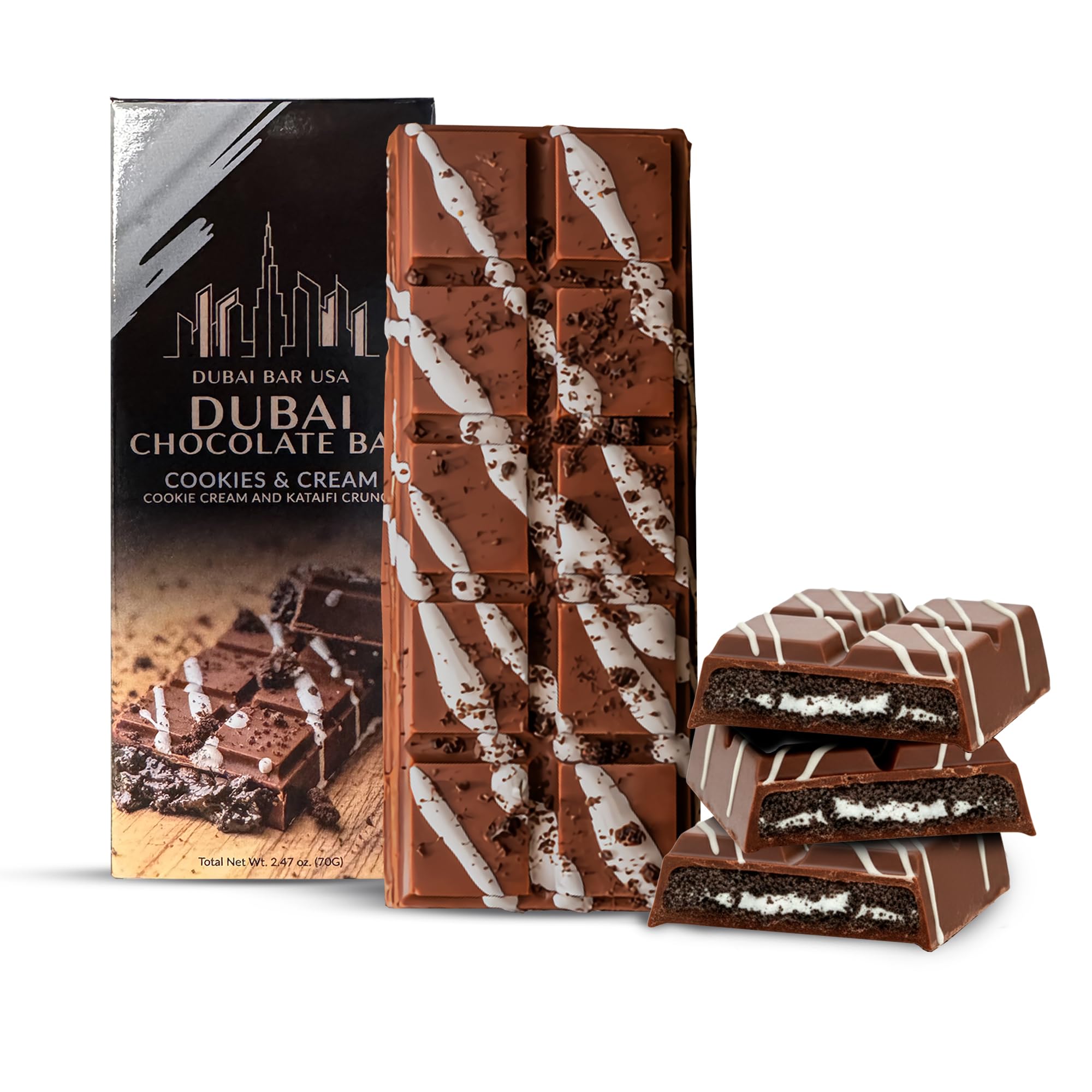 Dubai Choco Cookies & Cream bar unwrapped, rich chocolate with kataifi crunch for dessert indulgence.