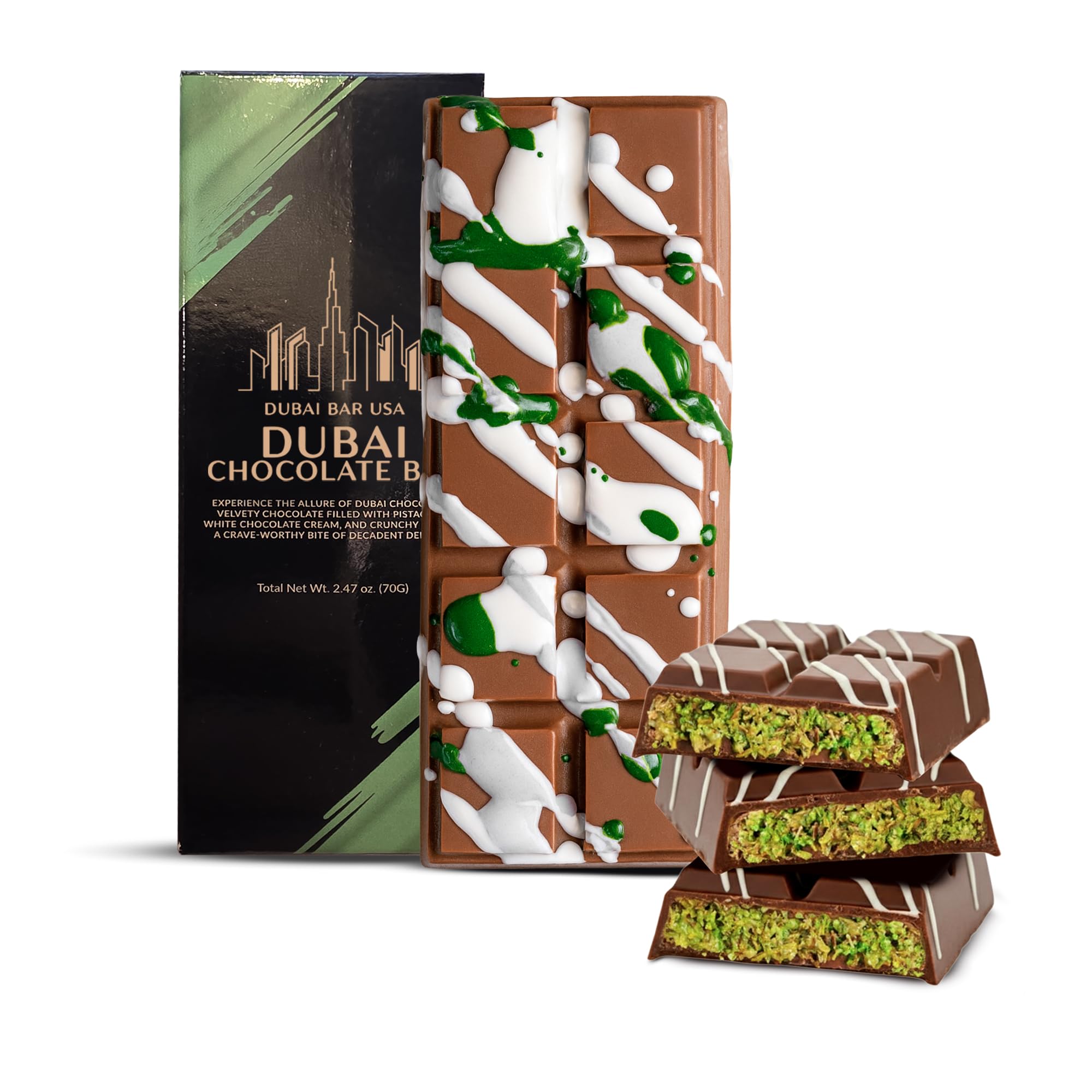 Dubai Choco pistachio bar packaging, elegant gift-ready presentation.