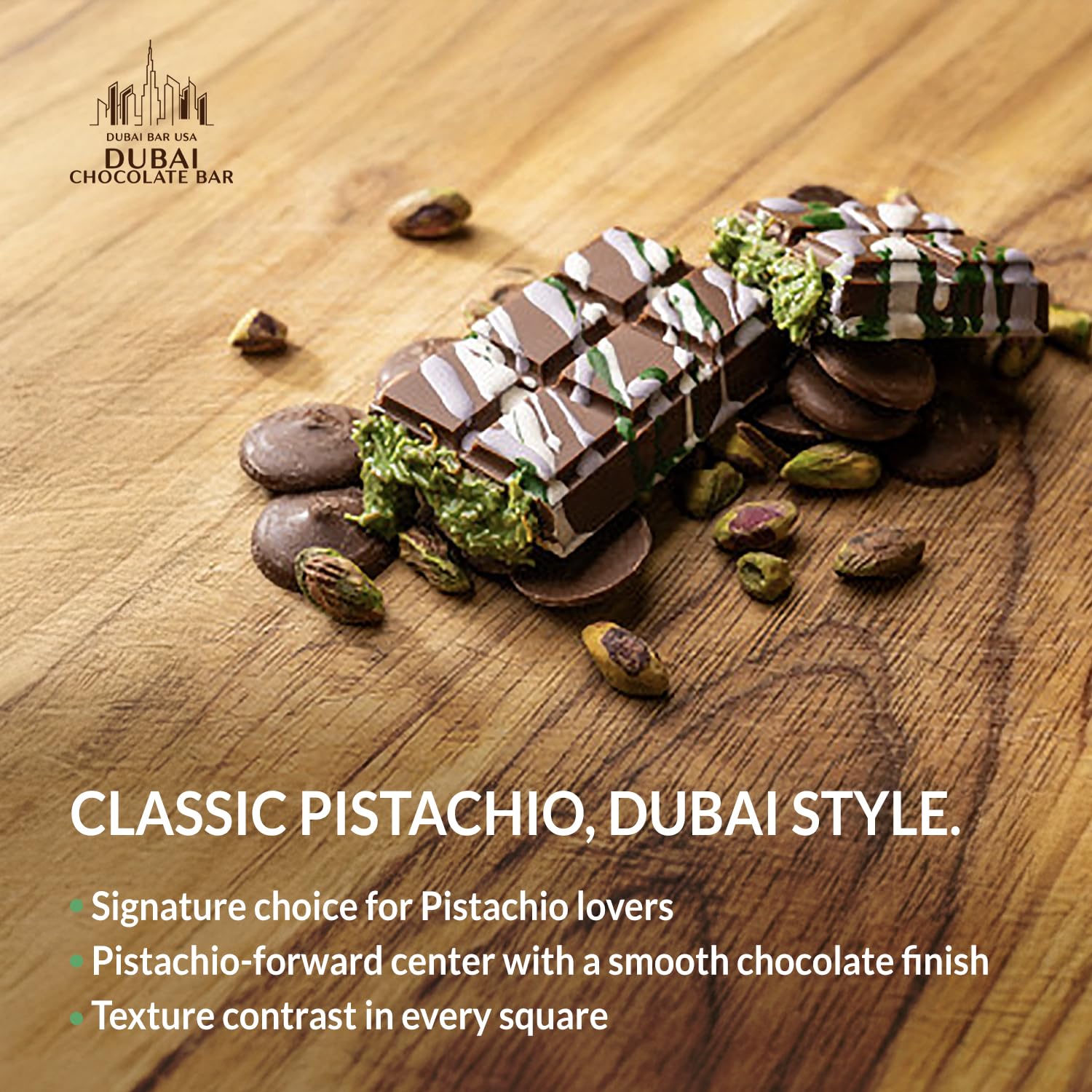 Dubai Choco pistachio bar chocolate slice with knafeh-inspired filling.
