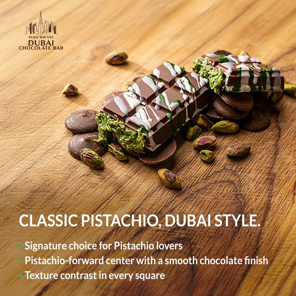 Dubai Choco pistachio bar chocolate slice with knafeh-inspired filling.