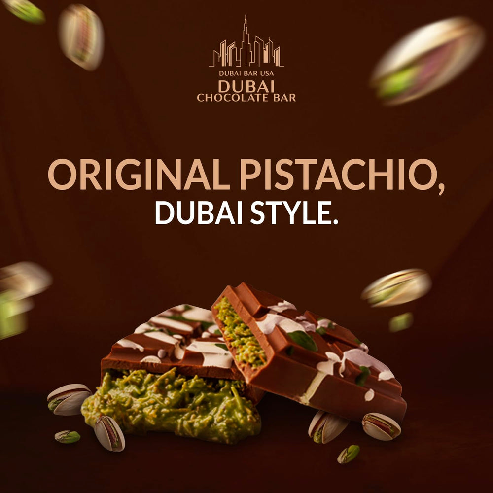 Dubai Choco pistachio bar cross-section reveals pistachio cream and kataifi layers.