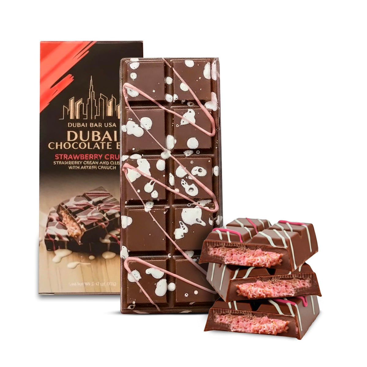 Dubai Choco Strawberry Crush bar in elegant packaging, ideal for gifting.