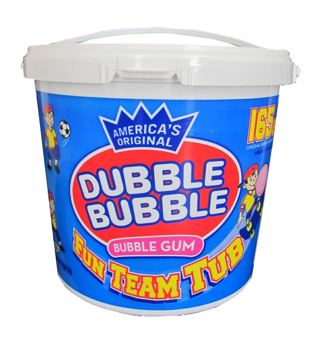 Dubble Bubble 165-count tub packaging for family-friendly snacking.